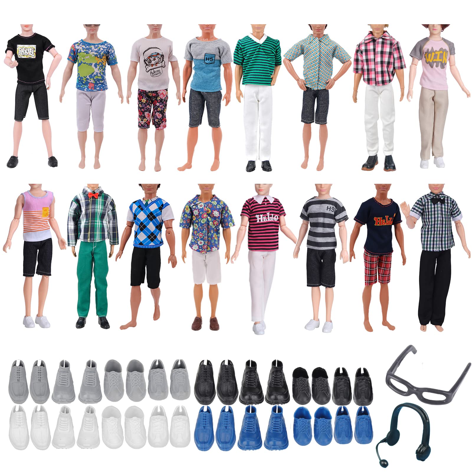 14 PCS Doll Clothes Compatible with Doll Clothes and Accessories, Including 3 Tops 3 Pants 6 Shoes 1 Glasses and 1 Earphone(Random Style)