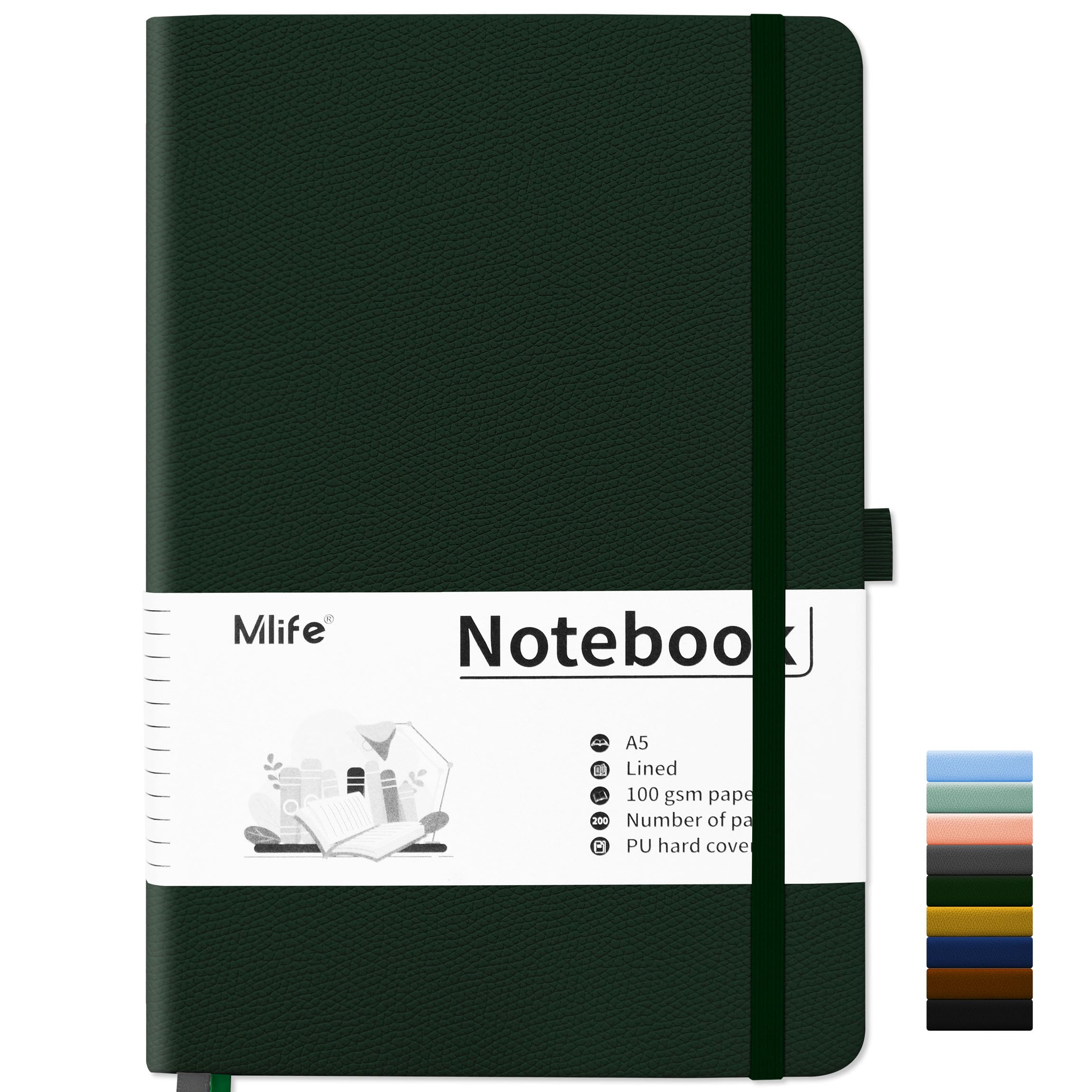 Mlife A5 Notebook-Lined Journal Notebooks with 200 Pages,100 Gsm Thick Paper,PU Hard Cover Notepad with Inside Pocket for Writing,Notepad,Journals for Women Men School Office- Green