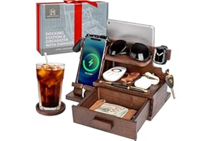 PARKWAY HOME Wood Phone Docking Station with Drawer, Compatible With Apple Watch and MagSafe - Wood Charging Station Organizer Stand, Bedside Nightstand Organizer for Men, Holds Phone, Tablet, Keys, Glasses, EDC
