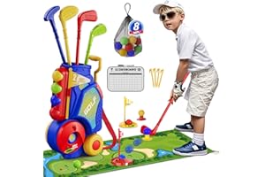 HYES Toddler Golf Set 2-4 Years, Kids Golf Club with 8 Balls, 4 Plastic Clubs, Putting Mat, Scoreboard, Storage Bag, Indoor Outdoor Game with Golf Cart Sport Toy Gift for Baby Boys Girls Age 3-5, Blue