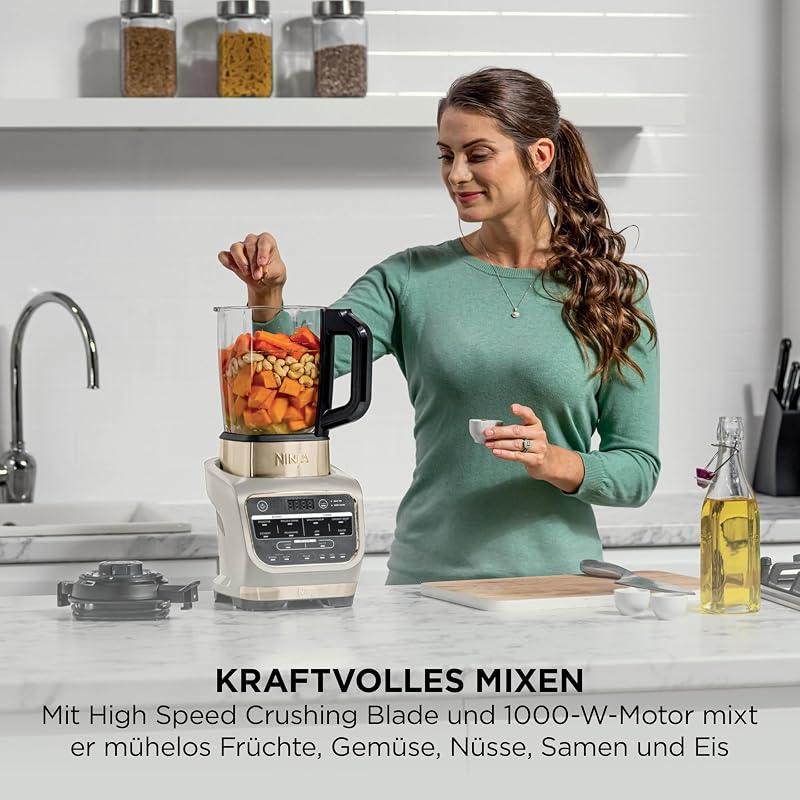 Foodi Mixer & Suppenbereiter, 10 Auto-iQ-Programme, 1,7L Glaskrug, heißer & kalter Mixer, integriertes Heizelement, Stampfer, Reinigungsprogramm & Bürste, 1000W, Stone/Gold HB150EUSTGD