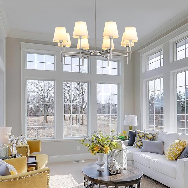 RUIYEY DINING ROOM CHANDELIERS LIGHT – MODERN BRUSHED NICKEL CHANDELIER, 8-LIGHT METAL FARMHOUSE DINING ROOM LIGHT FIXTURE, E26 HANGING PENDENT LIGHTING FOR KITCHEN, LIVING ROOM, FOYER, ENTRANCE