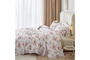 VM VOUGEMARKET Rose Red Flower Comforter Set Queen Size Romantic Girls Lace Comforter Set Soft Microfiber Botanical Bedding Comforter Set 1 Floral Ruffled Comforter with 2 Pillowcases Lightweight Comfy