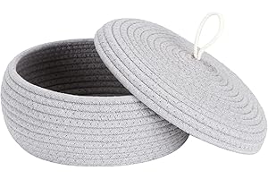 Sea Team Round Cotton Rope Storage Basket with Lid, Decorative Woven Storage Bin, Pot, Caddy, Organizer, Container for Snacks