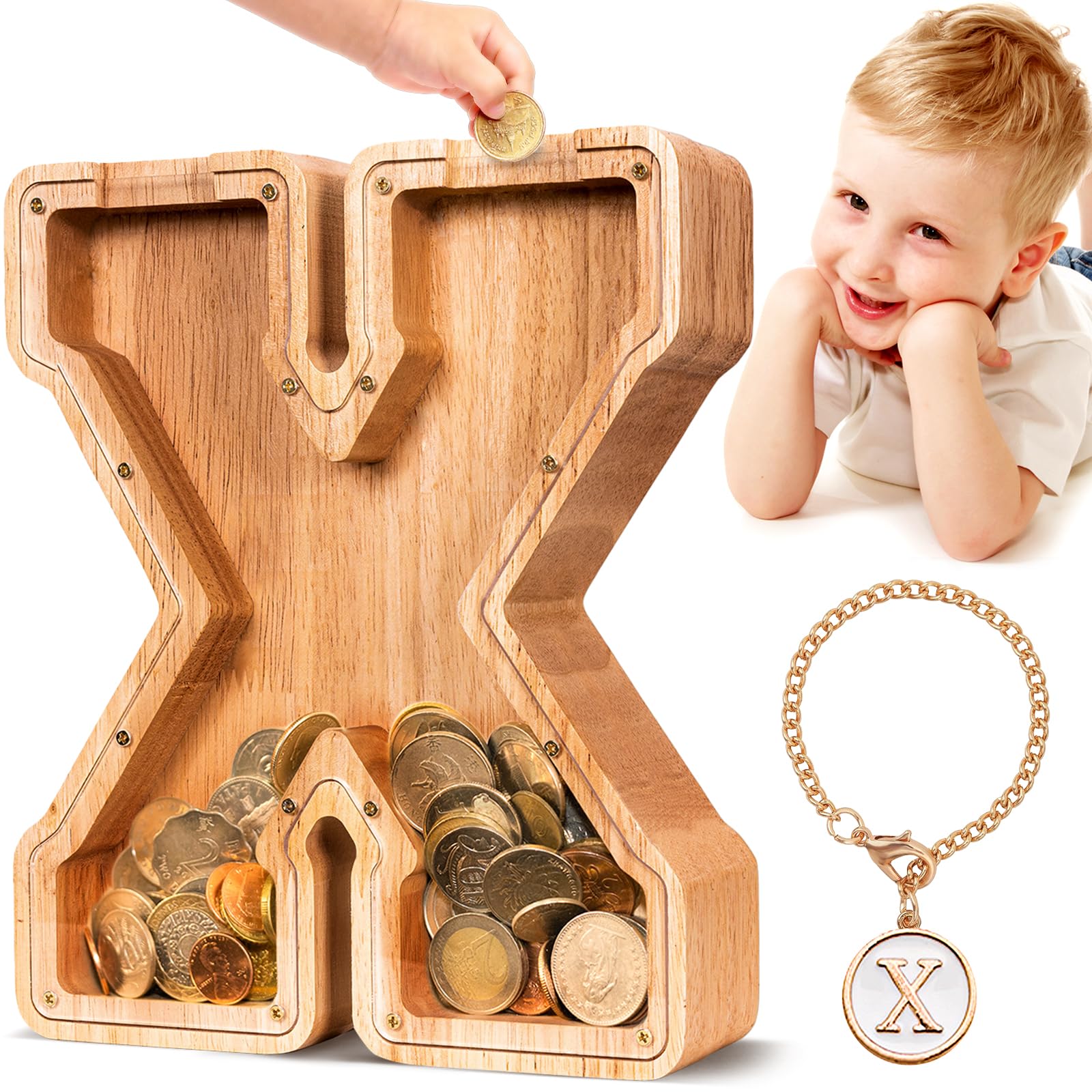 SummiDate Wooden Letter Money Box for Kids, Personalised Piggy Bank for Boys Girls Toddler, Alphabet X Coin Money Bank for Birthday Children's Day Gift