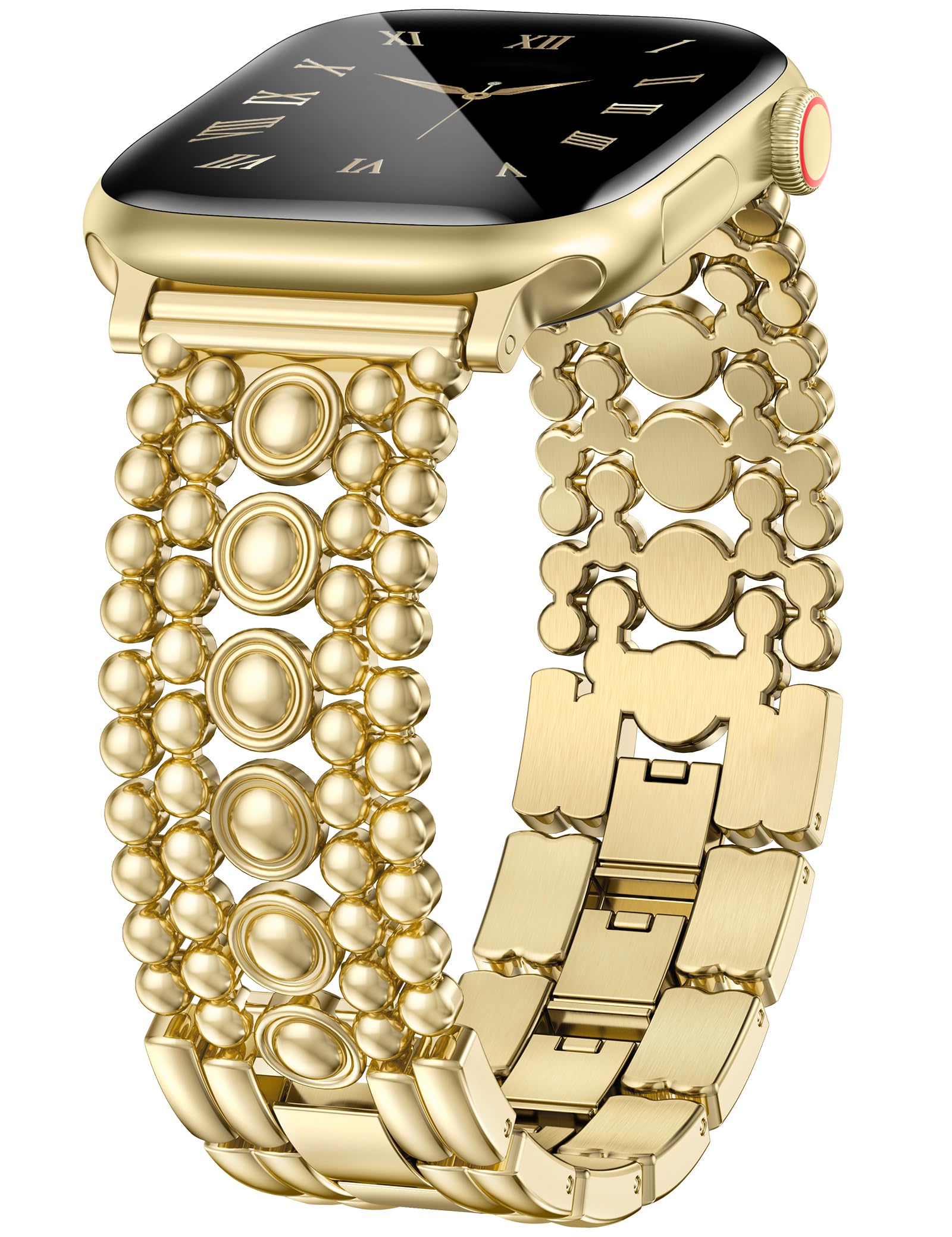Minyee Compatible with Apple Watch Band 42/44/45/46/49mm Women, Gold Stainless Steel Pretty Metal Strap Luxury Adjustable Studded Link Bracelet Wristband for iWatch Series 11 10 9 8 7 6 5 4 SE/Ultra