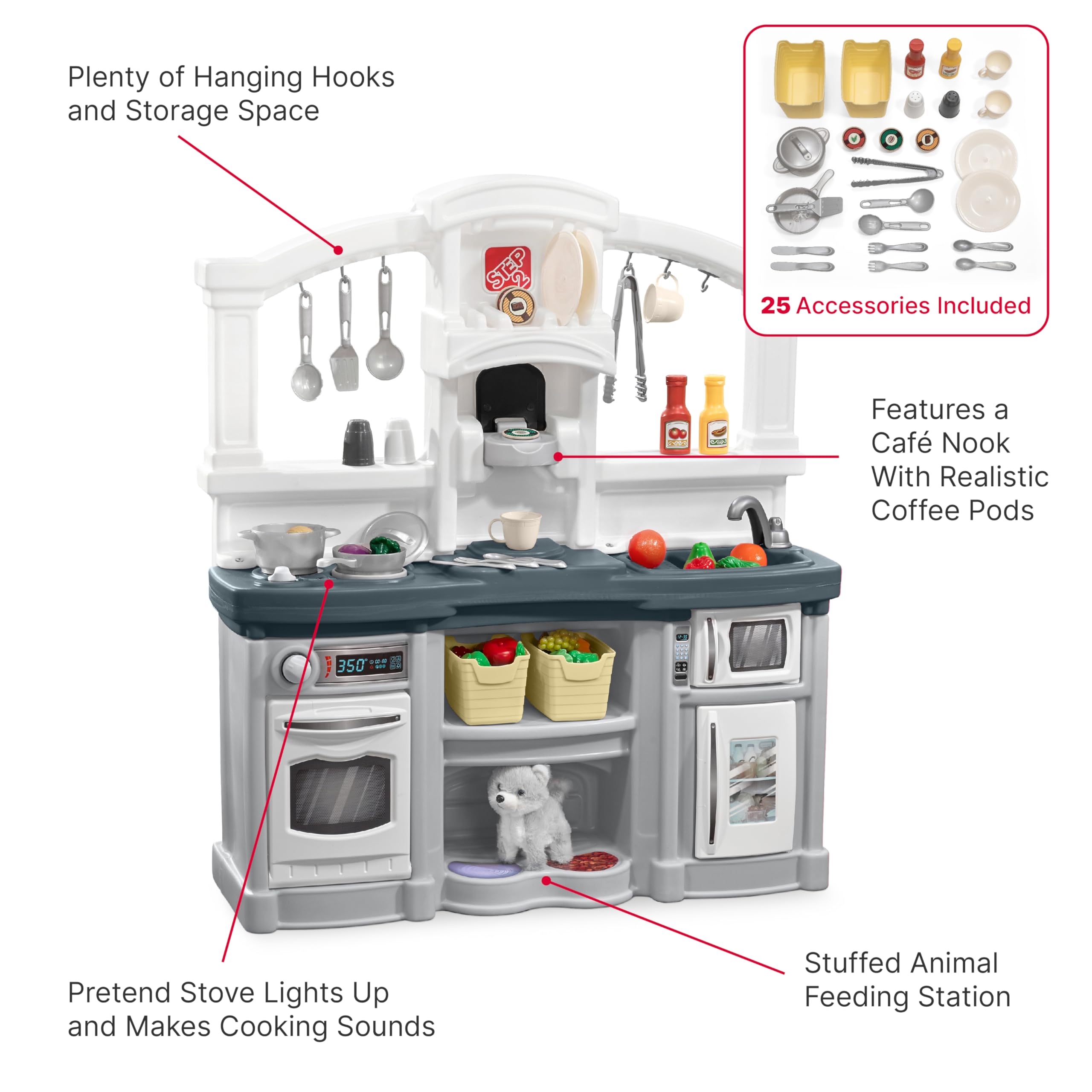 Step2 Fun with Friends Kids Kitchen Playset, Indoor/Outdoor Kitchenette with Lights & Sounds, Durable Plastic, 25-Piece Toy Accessories, Toddlers 2+ Years, Gray