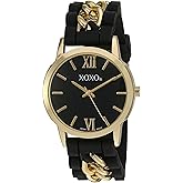 XOXO Women's Gold-Tone Quartz Watch with Black Silicone Strap, Elegant Gold Chain Links, Roman Numeral Dial, Analog Display, Stylish Fashion Accessory, Fits Wrists 5.5" to 8"