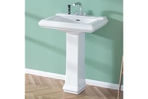 Miuara Pedestal Sink 26 Inch - 3 Holes Bathroom Pedestal Sink, White Pedestal Sink 26 x 20 Inch, Bath Pedestal Sink Combo, Ceramic Pedestal Sink for Bathroom, with Overflow Hole