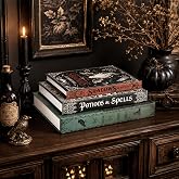 FunooFuno 3 Pcs Halloween Decorative Book Boxes, Gothic Spellbook Faux Book | Halloween Table Decor Dark Witch Magic Potion Spells, Magnetic, Stacked Storage Boxes for Bookshelf Living Room Office Mantel