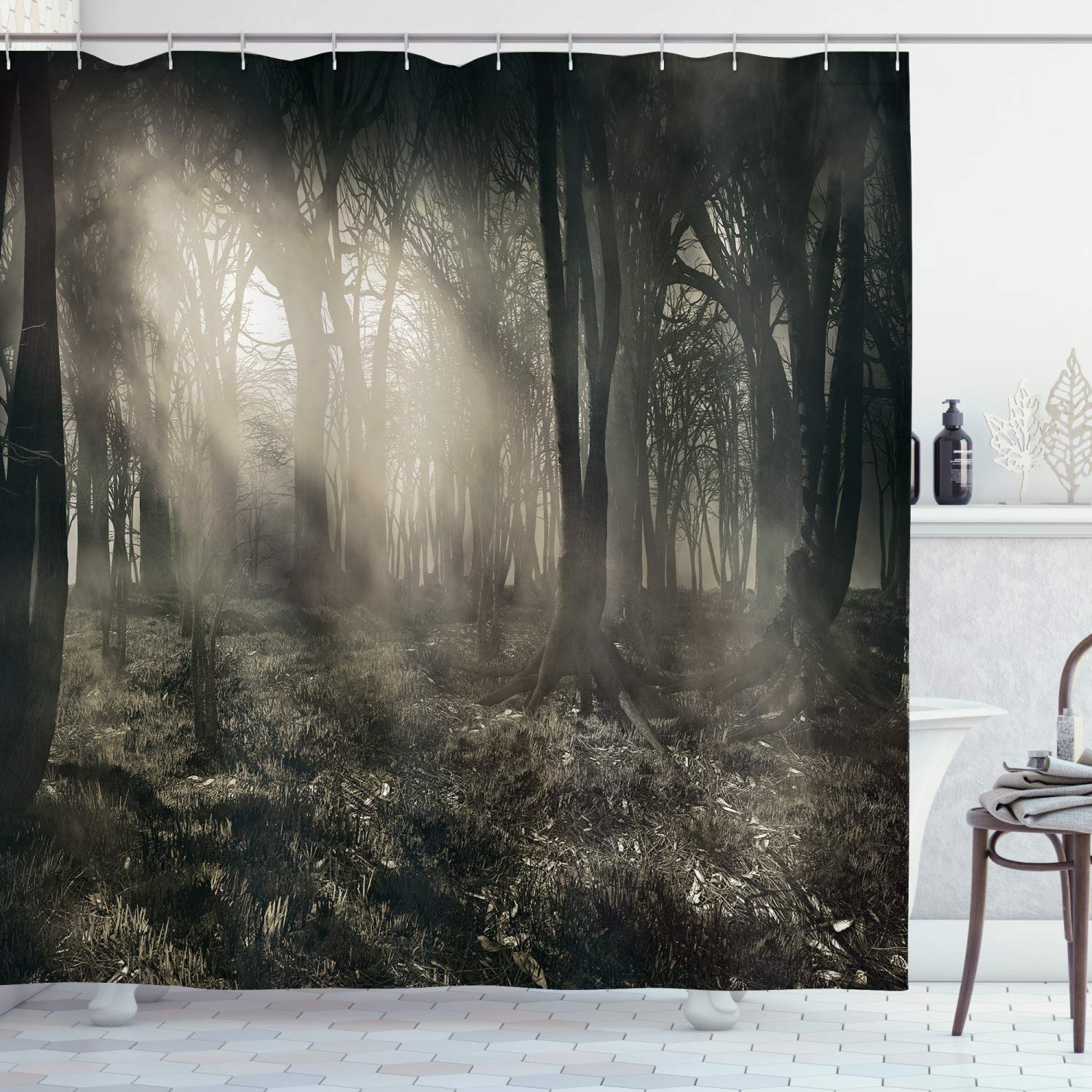 ABAKUHAUS Gothic Shower Curtain, Photo of Dark Forest Scenery Sunbeams and Fog Vintage Nostalgic Colors Fantasy Art, Cloth Fabric Bathroom Decor Set with Hooks, 70 Inches, Brown