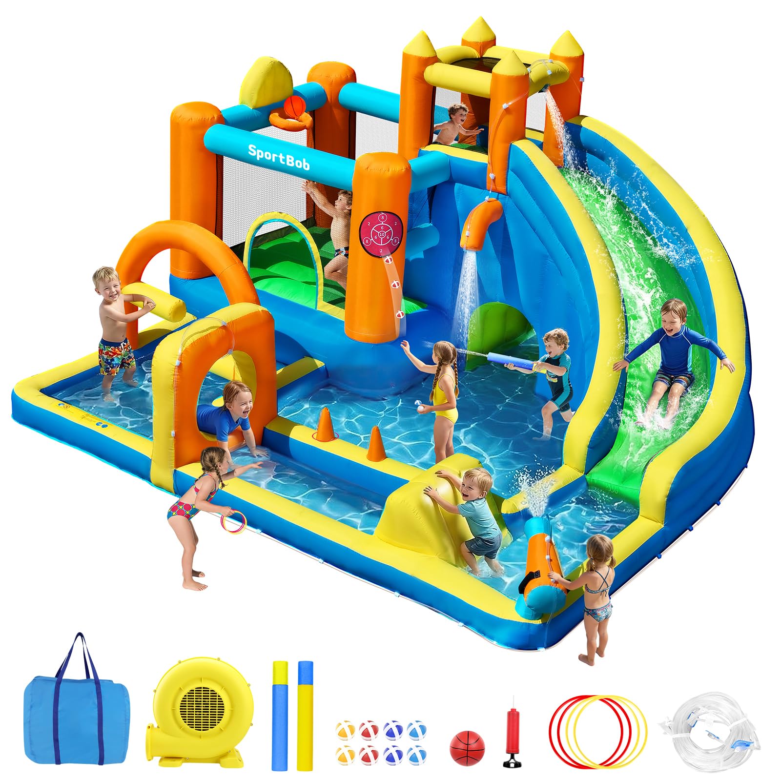 SportBob Bouncy Castle Water Slide for Family Fun, Bouncy Castles with Blower, Long Slide, Multiple Paddling Pools, Jumping Area, Waterfall for Outdoor/Indoor, Birthday Parties and Festive Gatherings