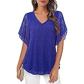 Furnex Blouses for Women Dressy Casual,Double Layers Mesh Elegant Summer Blouses,Short Sleeve V Neck Women's Tunic Tops