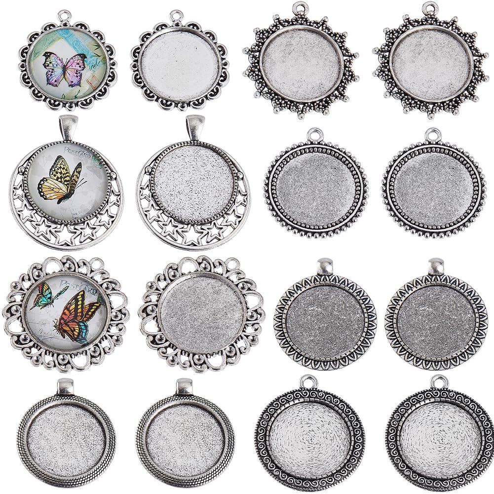 SUNNYCLUE 1 Box 16Pcs Cabochon Bezels Vintage Style Antique Silver Blank Bezel Trays Flat Round Charm Pendant Tray Charms Memorial Photo Blanks Bezel for DIY Wedding Bouquet Graduation Inner Dia 25mm