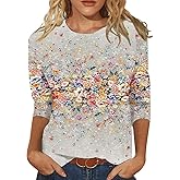 Scgirl Womens 3/4 Sleeve Shirts Crewneck Dressy Casual Tops Printed Lightweight Loose Fit Cute T Shirts