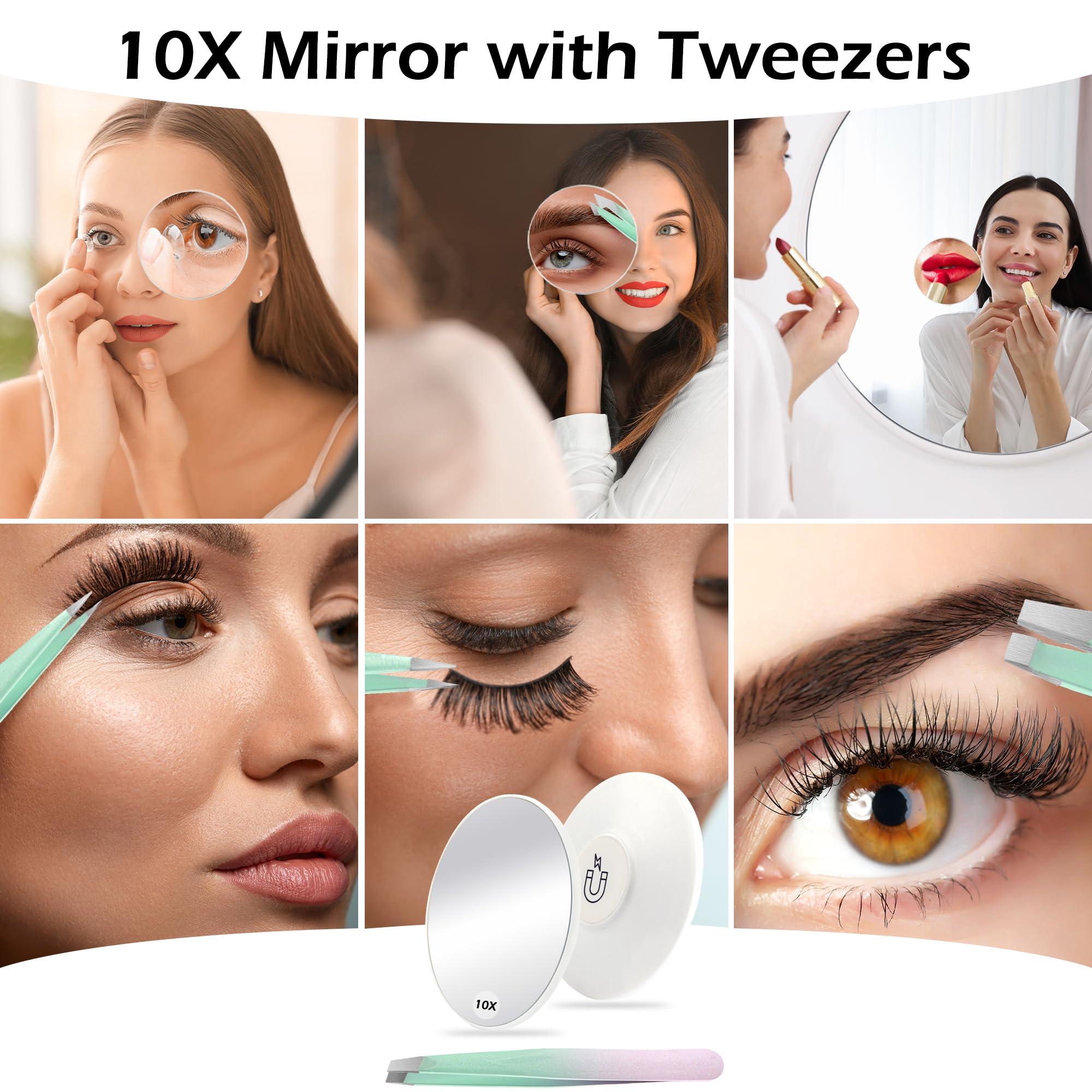 WangSelect Tweezers and 10X Magnifying Mirror Kit with Travel Leather Case, Eyebrow Tweezer Set for Women & Men, Great Precision for Facial Hair, Splinter and Ingrown Hair Removal - Starry Green