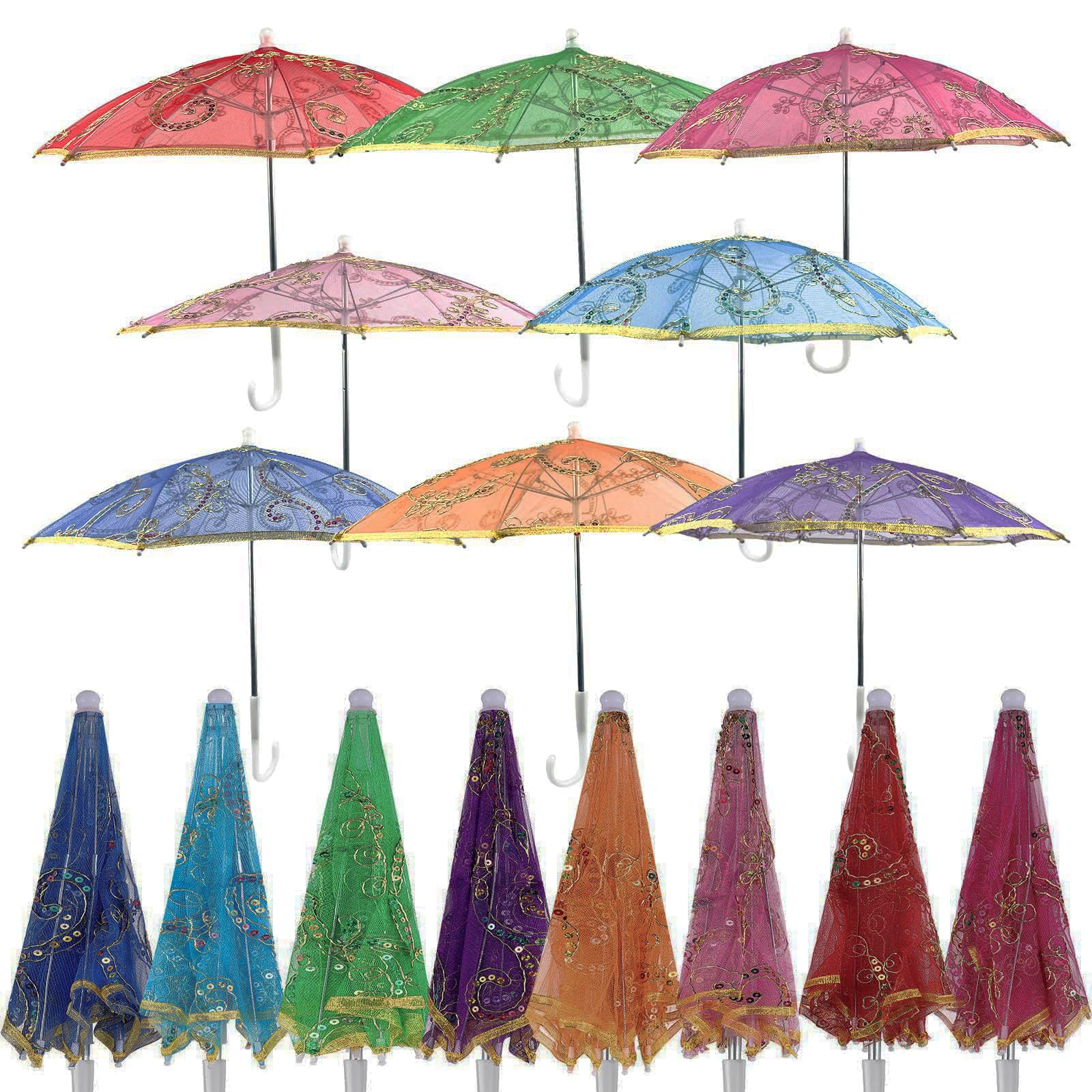 Photo 1 of 8pcs Mini Sequins Lace Indian Umbrella for Decor, Multi Colored Handmade Designer Embroidery Parasol Umbrella, Vintage Boho Shining Umbrellas Parasol for Wedding Party Baby Shower, Tea Party(16.5X19.6IN)
