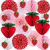 YOVIWEI Strawberry Party Decorations Kit Red Pink White Tissue Pom Poms, Honeycomb Ball, Lanterns, Garland & Fans for 1st Birthday, Baby Shower, Bridal, Berry-Themed Girls Sweet Fruit Party Décor