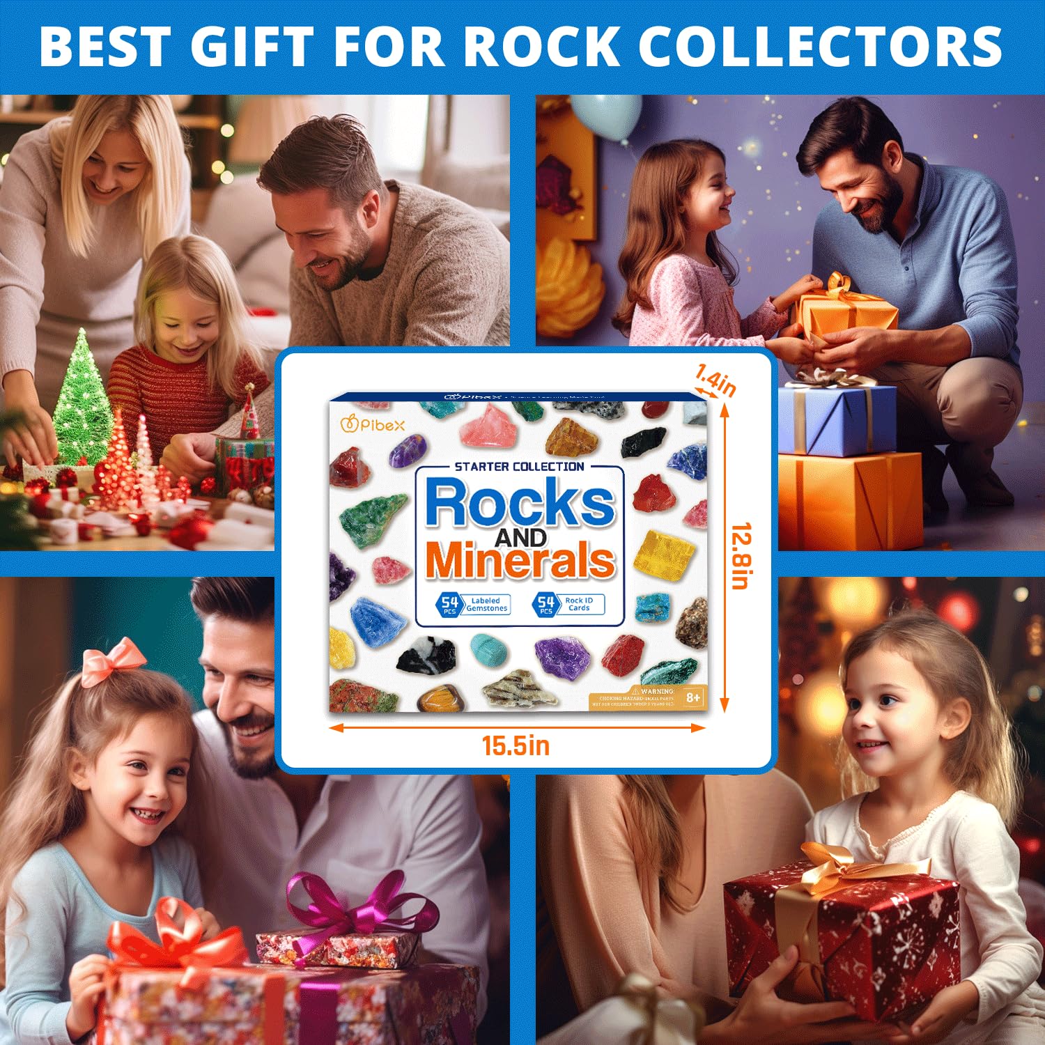 Rock Collection Starter Kit - 54 Pcs Assorted Gemstones, Crystals, Rocks & Minerals, with Learning Book & ID Cards, Earth Science Kit Toy, A Geology Gift for Kids & Adults Ages 8+