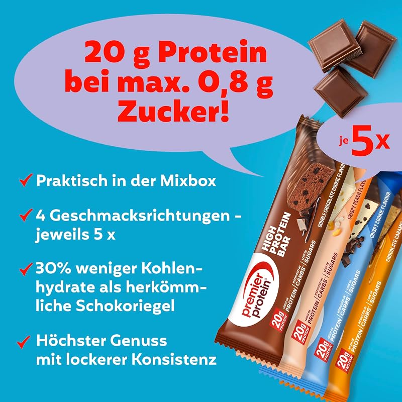 - High Protein Bar 50% - Multiflavourbox - 20 x 40 g - Low Sugar - - High Protein Bar