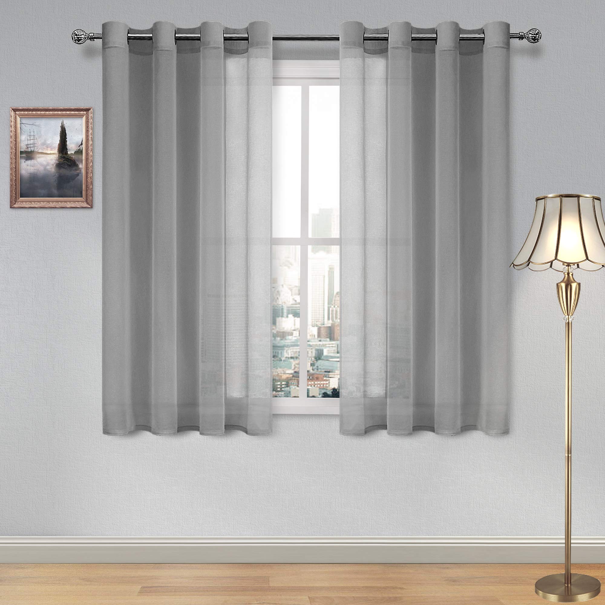 DWCN Grey Sheer Curtains Textured Semi Transparent Eyelet Top Decorative Voile Curtain for Living Bedroom, 52" Wide x 54" Drop, 2 Panels