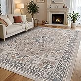 DEXI Area Rugs for Living Room, Washable Low Pile Vintage Traditional Rug for Bedroom, Non Slip Indoor Carpet for Dining Office Nursery, 5x8, Beige Blue
