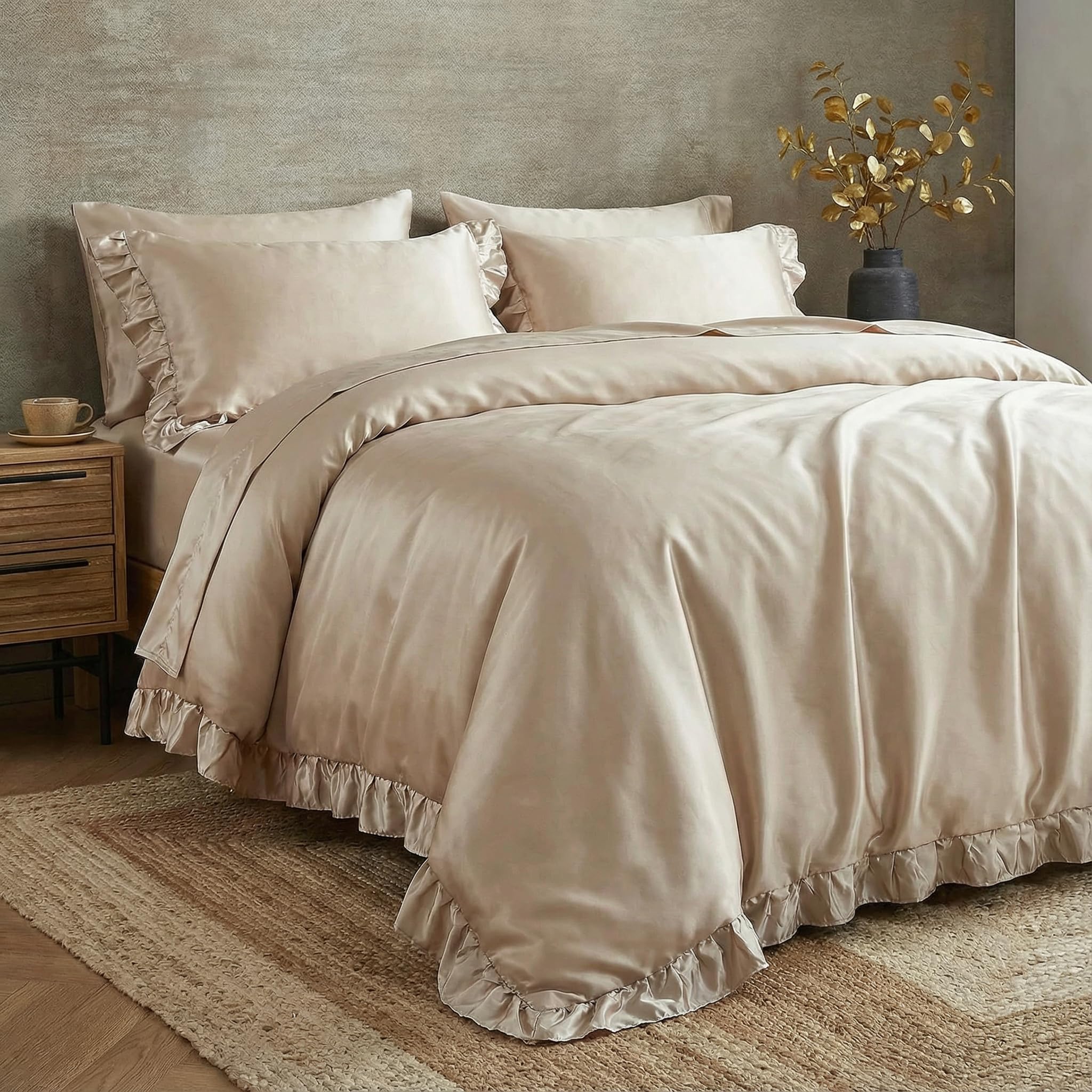 Herside Satin Duvet Cover Set Double Khaki Ruffle Bedding Silk like Satin Ruffled Fringed Boho Silky Bedding Sets 1 Double Duvet Cover 2 Pillowcases (Khaki, UK Double)