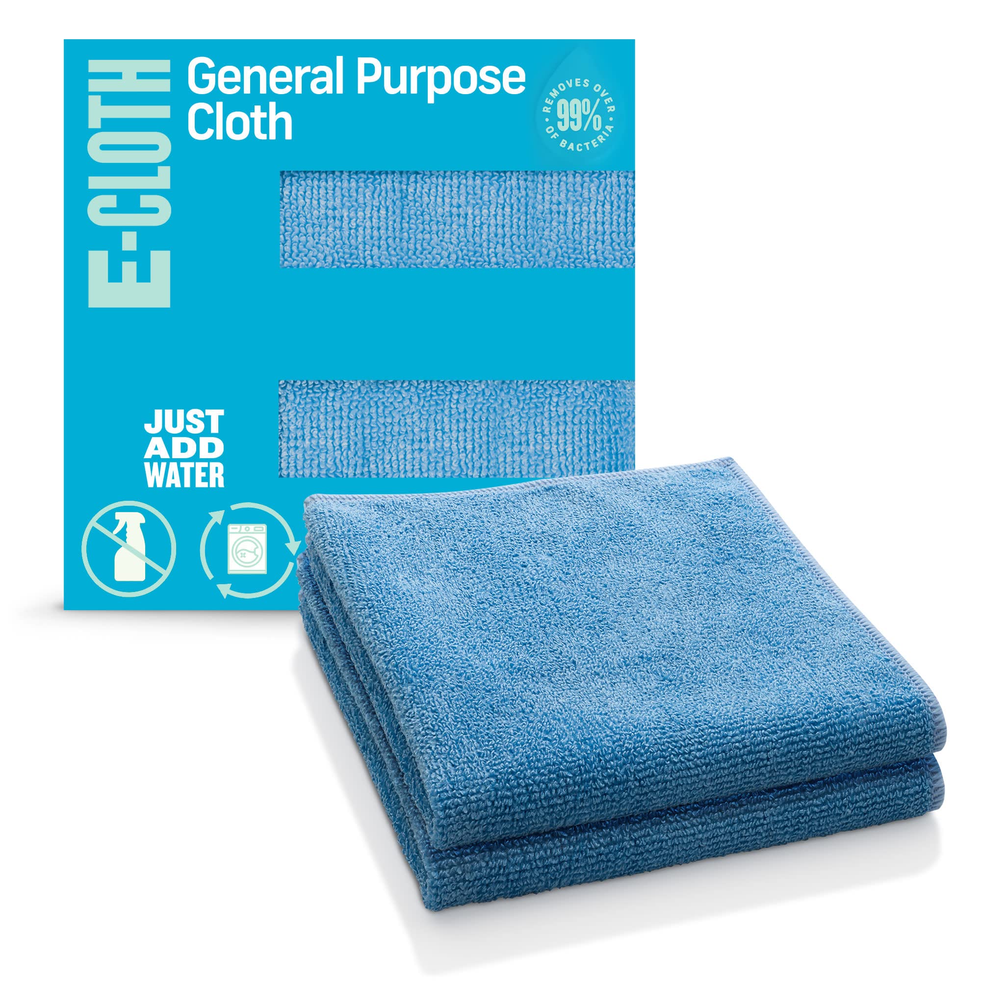 E-Cloth General Purpose Microfibre Cloth, Multipurpose Cleaning Cloth for Household Surfaces, Washable and Reusable, 100 Wash Promise, Blue, 2 Pack