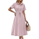 ANRABESS Womens Summer Midi Dress Short Sleeve Striped Plaid Button Collar Shirt Dresses 2026 Casual Beach Vacation Clothes Red White Stripe XL