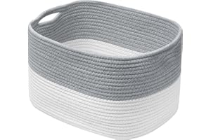 AUSSIY 1 Pack Rope Baskets for Storage Basket, Cotton Rope Woven Basket with Handles. Blanket Basket for Storing Clothes, Toys, Books, Shelves etc, 15''L x 10''W x 9.5''H, Gray/Off White
