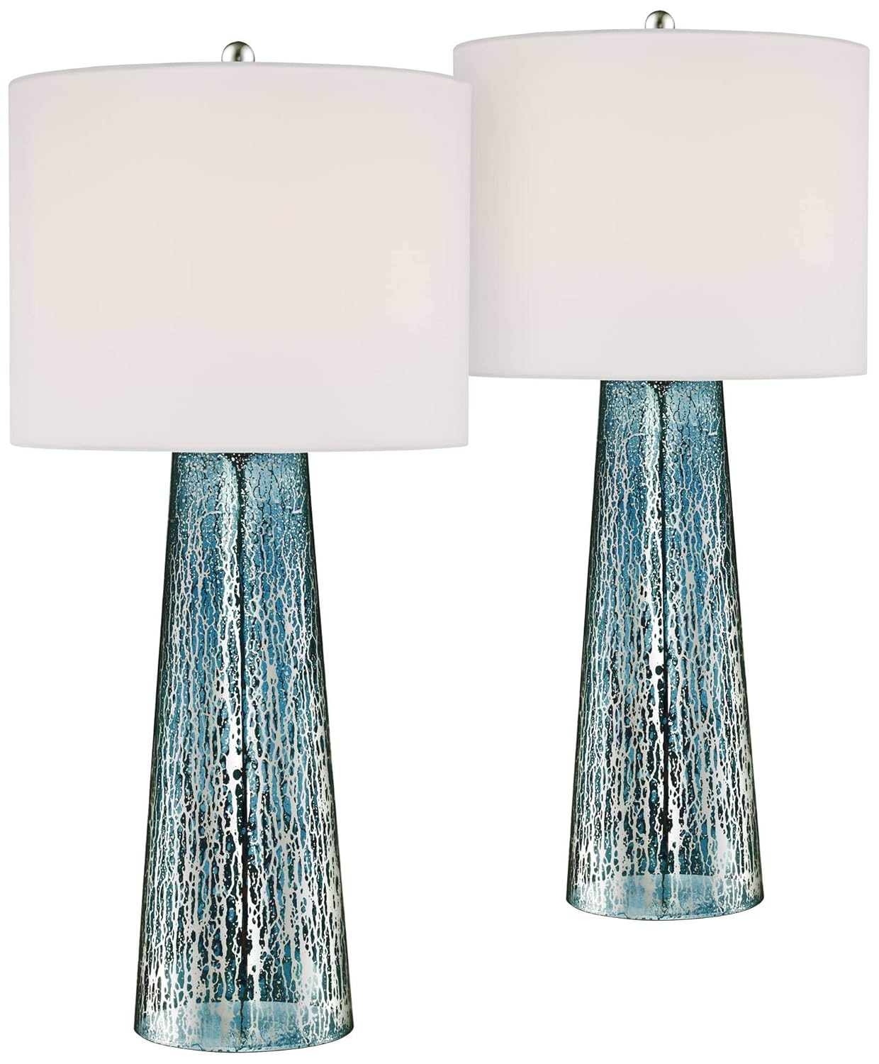 Marcus Coastal Table Lamps Set of 2 Blue Mercury Glass Tapered Column White Drum Shade for Living Room Family Bedroom