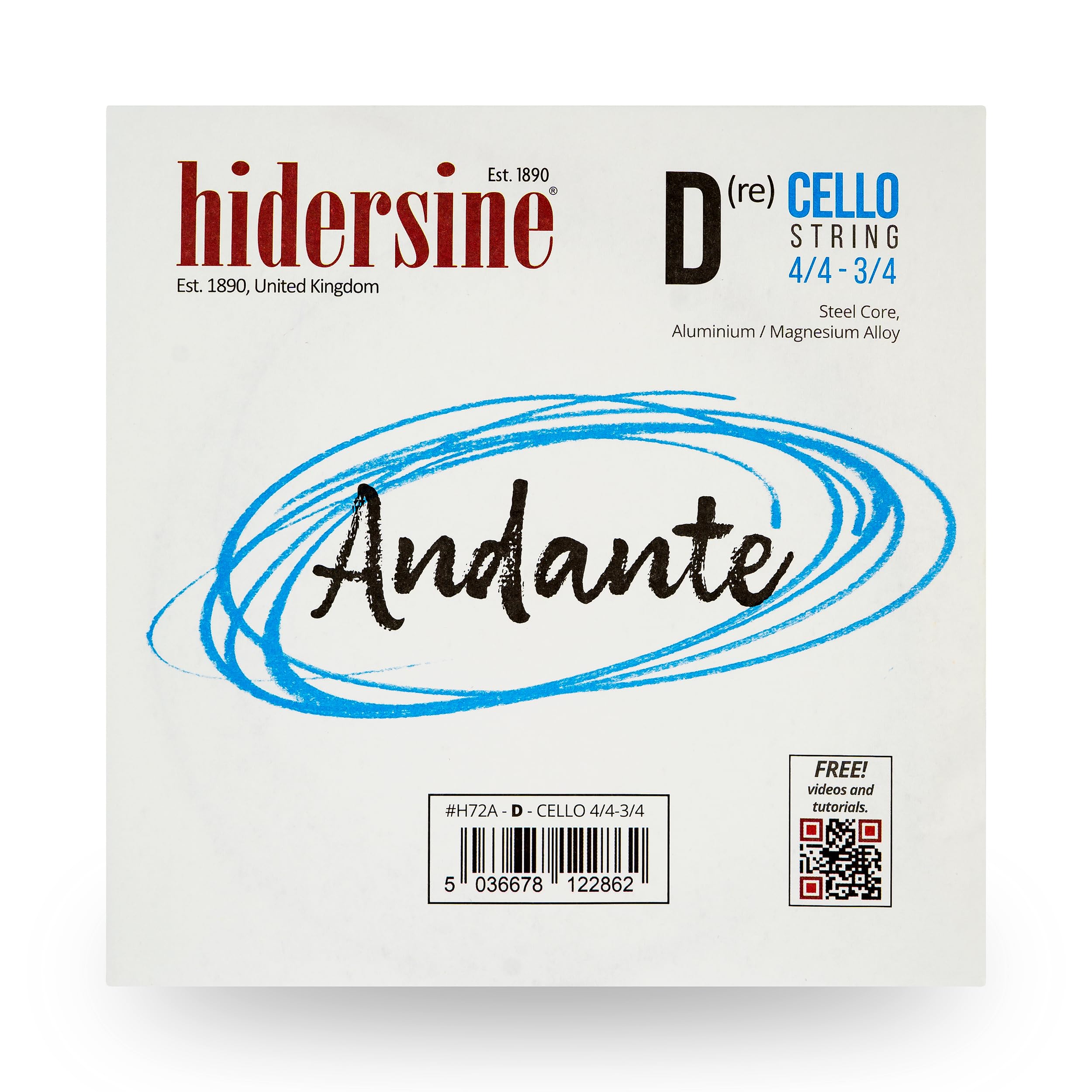 Hidersine Andante CELLO D String For 4/4-3/4 Size. Steel Core, Alloy String for Longevity & Ease of Playing Feel. Excellent Tone & Great Value. For Cello Students with Full Sized or 3 Quarter Cellos