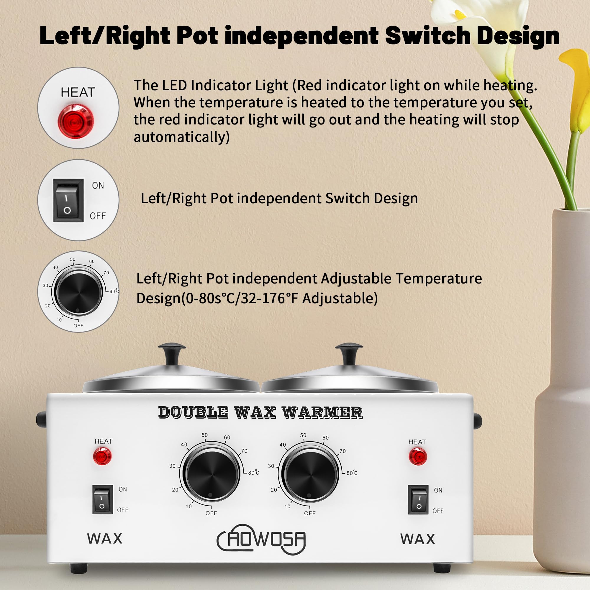Double Professional Electric Wax Warmer with Dual Pots for Hair Removal, Paraffin Facial, Skin, and Body Spa - Adjustable Temperature, Includes 100 Wax Sticks
