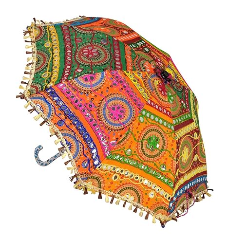 Lal Haveli Vintage Embroidery Work Designer Cotton Mini Umbrella Parasol 21 x 26 inches
