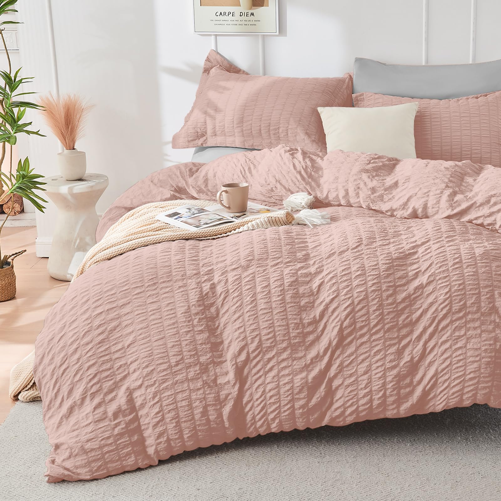HYMOKEGE Rose Gold/Light Grey Duvet Cover Queen Size, Ultra Soft 3-Piece Seersucker Duvet Cover Set with Zipper Closure, Soft Brushed Microfiber Bedding Set with 8 Corner Ties (90"x90", 2 Pillowshams) Image