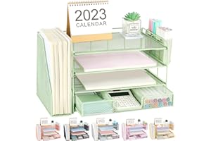 OPNICE Desk Organizers and Accessories, 4 Tier Desk Paper Letter Tray Organizer with Drawer + 2 Pen Holders + File Holder, Office Desk Accessories for Office Supplies(Green)