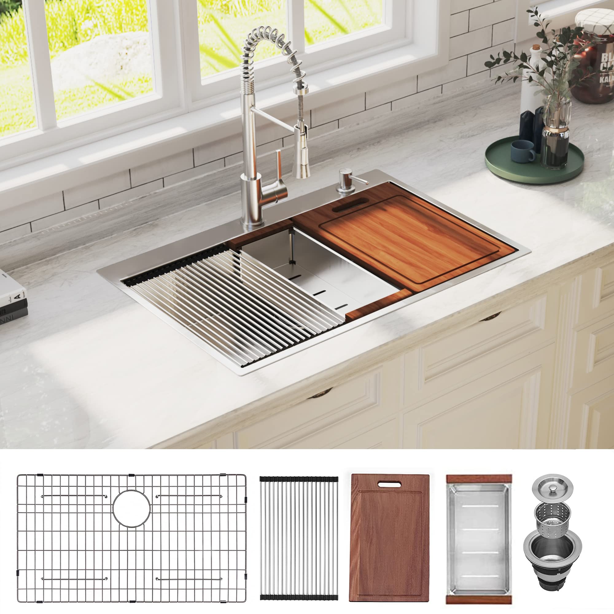 33 x 22 inch Drop In Kitchen Sink, HausinLuck SUS304 Stainless Steel Drop In Workstation Ledge Sinks Topmount Sink 18 Gauge, Handmade Over Counter Large Single Bowl Sink with Accessories (Pack of 5)