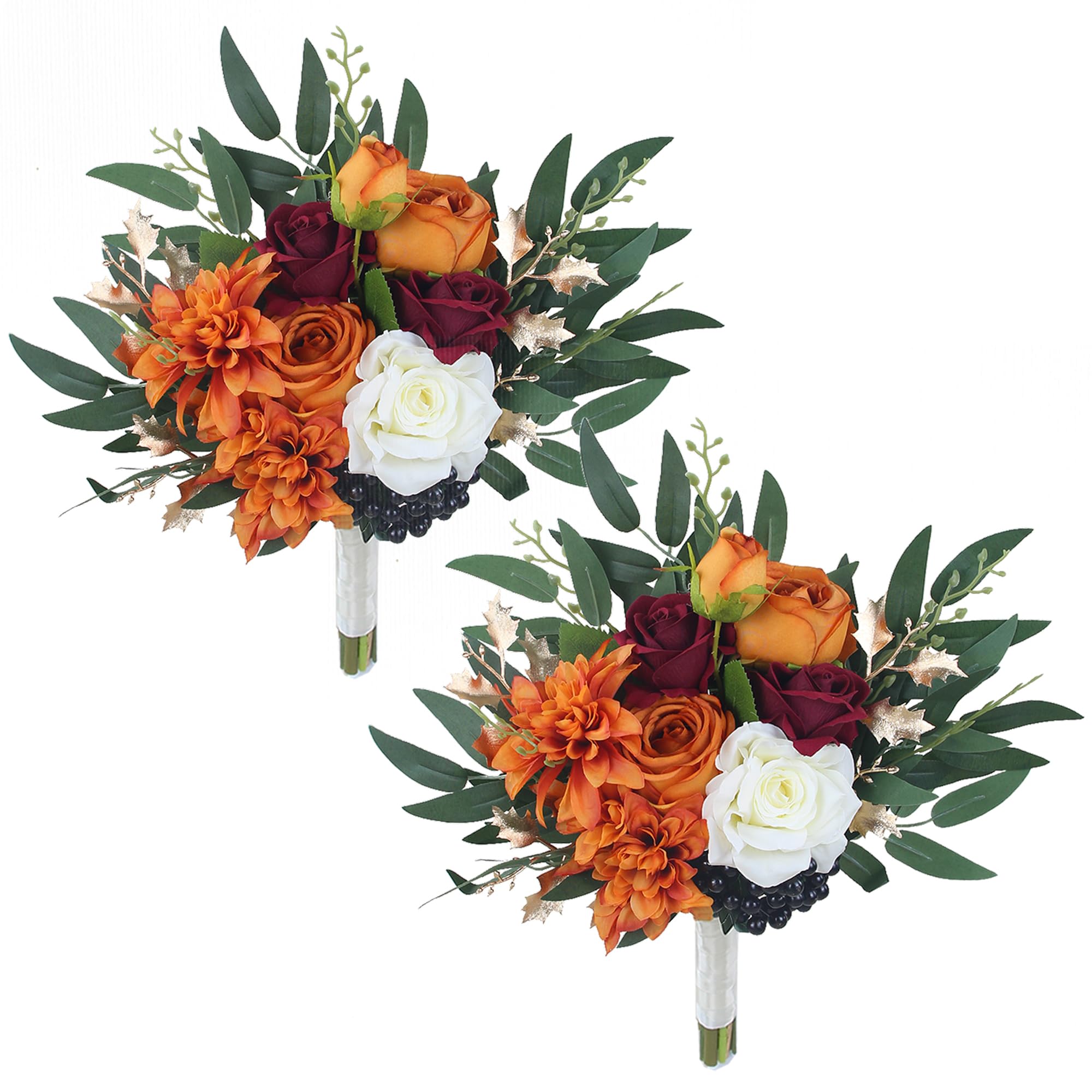 Rinlong Set of 2 Fall Wedding Bouquets for Bridesmaids Burnt Orange Bridesmaid Artificial Flowers Terracotta Bouquet Wedding Ceremony Terracotta โ image 1