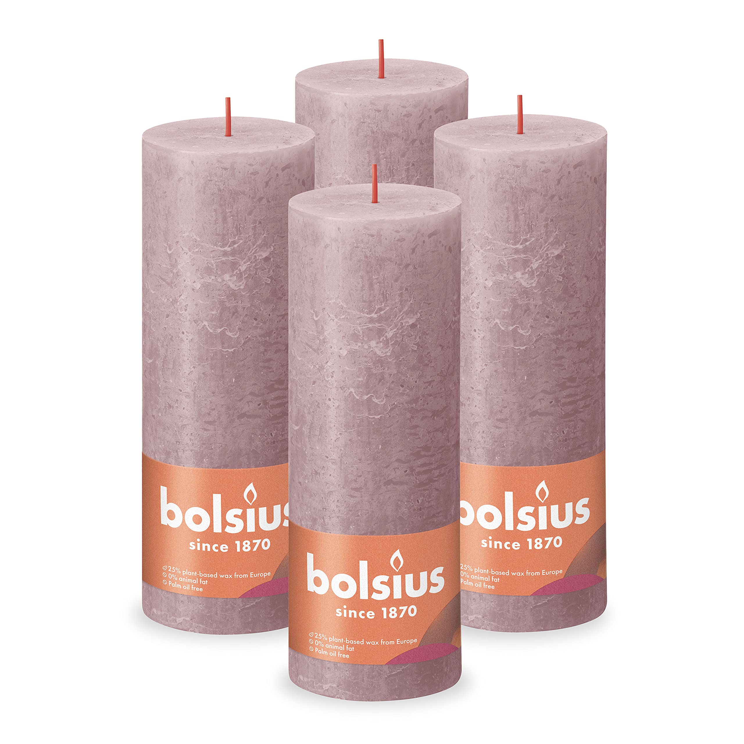 Bolsius Rustic Pillar Candle - Old Pink - Pack of 4 - Long Burning Time of 85 Hours - Household Candle - Interior Decoration - Unscented - Natural Vegan Wax - No Palm Oil - 19 x 7 cm