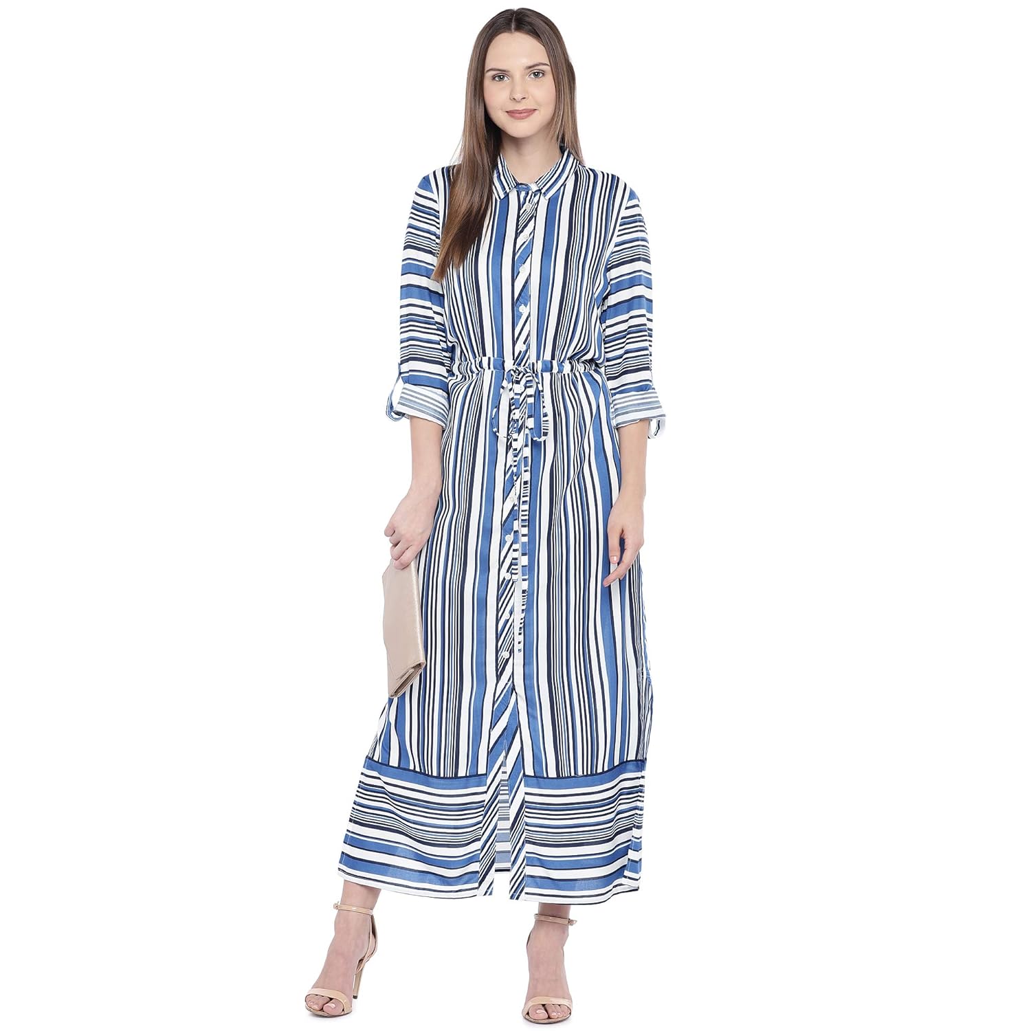 blue and white striped maxi dress