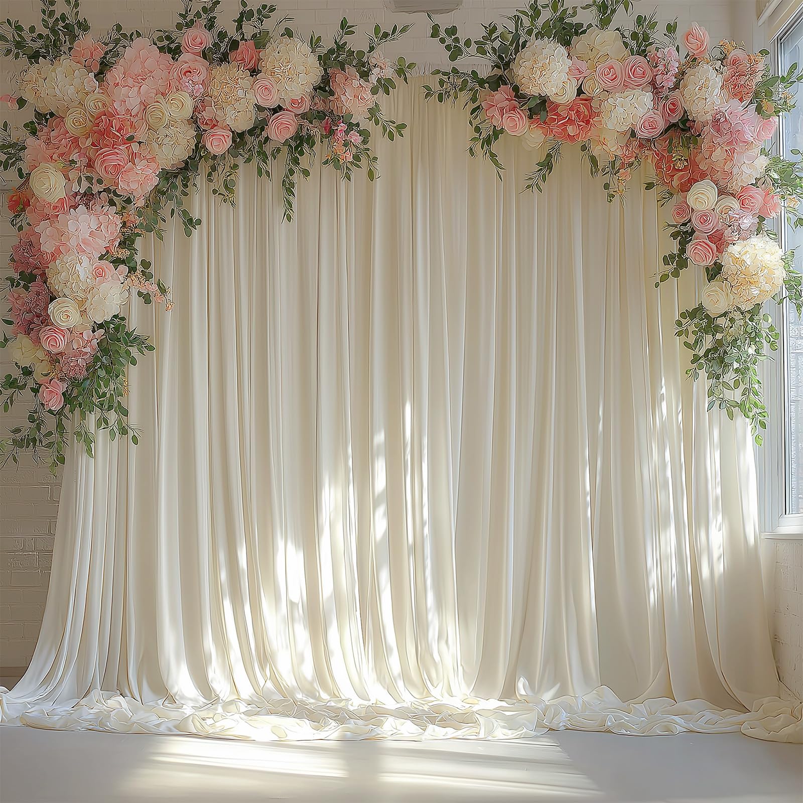 Photo 1 of EMHOLDBU 10x10FT Ivory Backdrop Curtain for Wedding Parties Wrinkle Free Curtain Backdrop for Baby Shower Drapes for Birthday Party Photography Background Soft Fabric 5ft x 10ft, 2 Panels