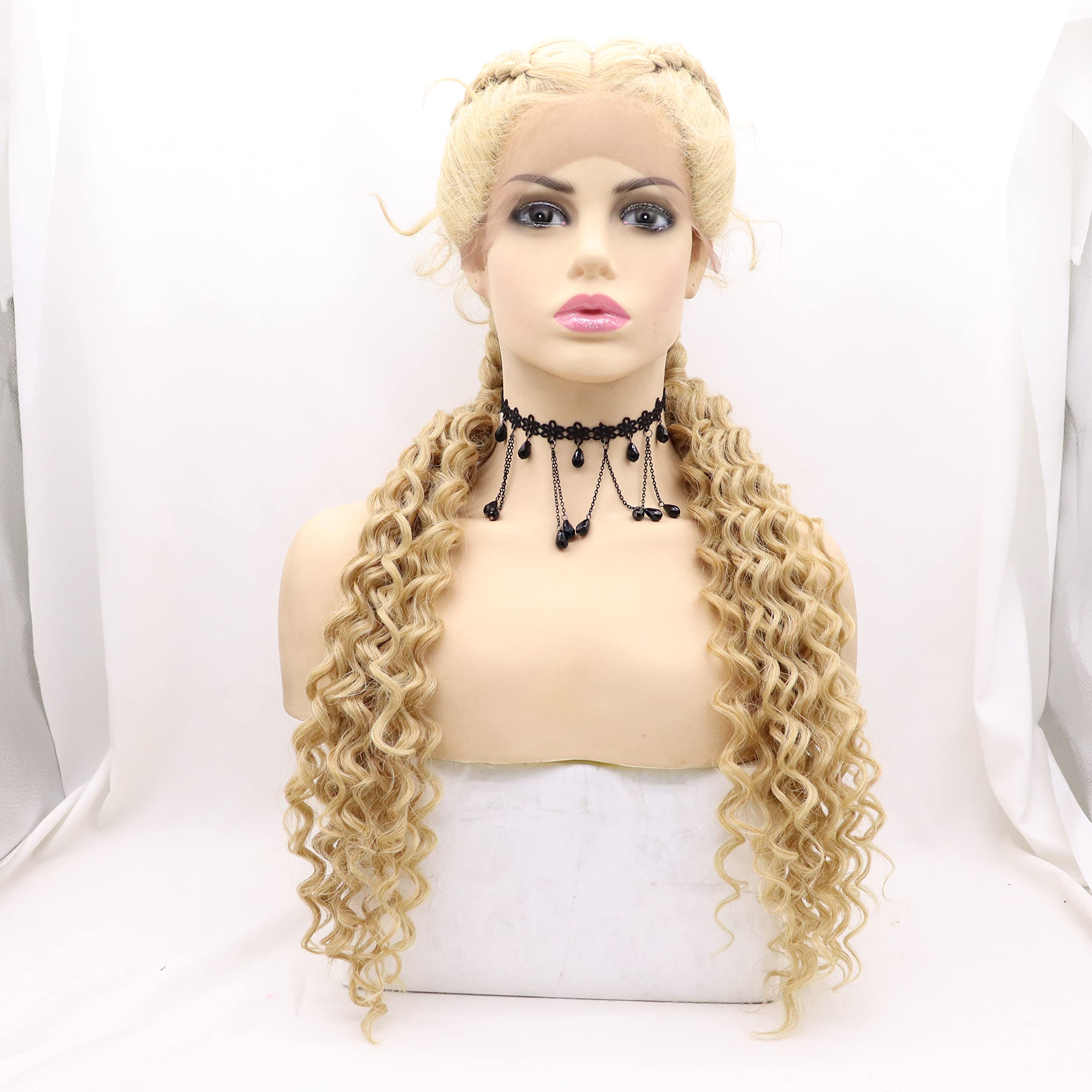 613 Blonde Double Braids Wig Long Curly Blonde Braided Wig for Women Synthetic Fully Handmade Curly Ends Braid Heat Resistant Fiber Daily Wear Wigs for Women 26 Inch