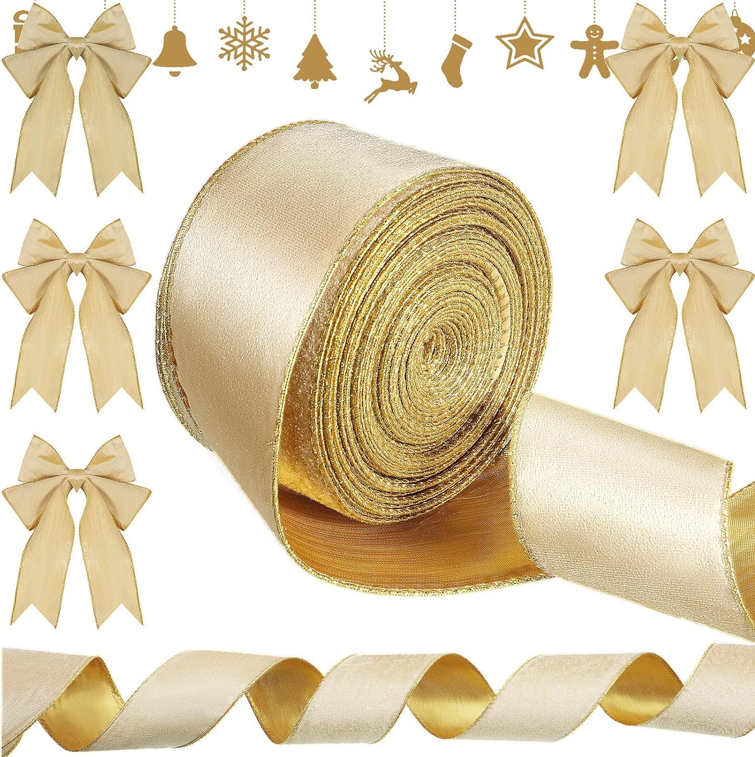 LATERN 28M Christmas Velvet Ribbon, 6.3cm Width Wired Velvets Ribbon Waterproof Wrapping Velvet Ribbons with Gold Edge for Xmas Gift Wrapping Xmas Tree DIY Wreath Christmas Bow Decoration (Gold)