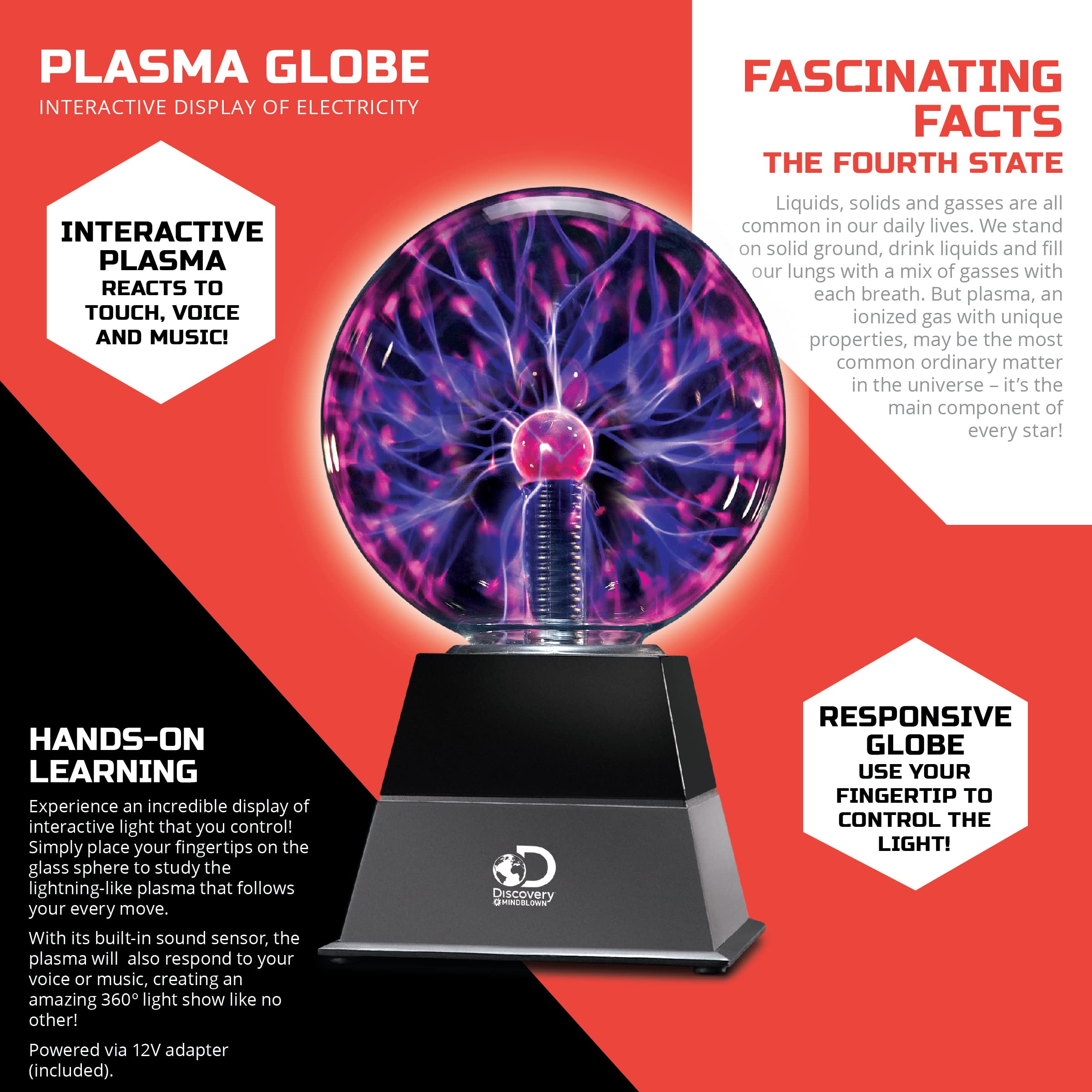 Discovery™ Plasma Globe Lamp, Touch & Sound Sensitive Lightning, Interactive Electric Plasma Ball for Hands-On STEM Learning, Plug-in Bedroom & Desktop Decorative lamp