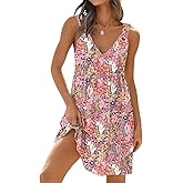 GUNEST Womens Dresses V Neck Sleeveless Spaghetti Strap with O Ring A Line Tiered Smocked Casual Flowy 2025 Beach Mini Dress