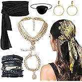 WYVAS Pirate Costume Accessories Set for Women Pirate Head Scarf Pirates Sash Belt Necklace Bracelets Eye Patch Earrings Dress Accessories for Cosplay Party Dress-Up Ren Faire Carnival