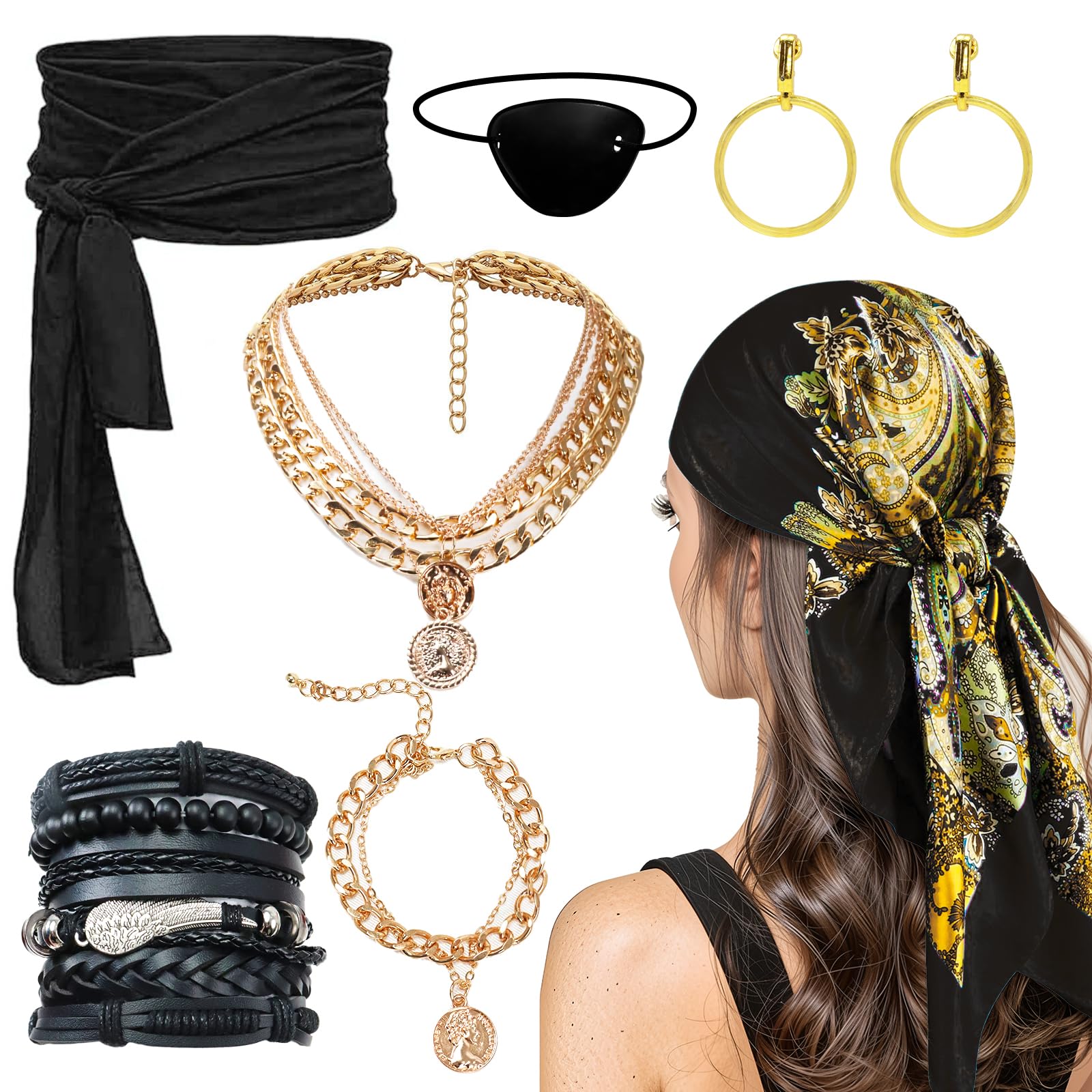 Photo 1 of Pirate Costume Accessories Set for Women Pirate Head Scarf Pirates Sash Belt Necklace Bracelets Eye Patch Earrings Dress Accessories for Cosplay Party Dress-Up Parties Carnival (Black)