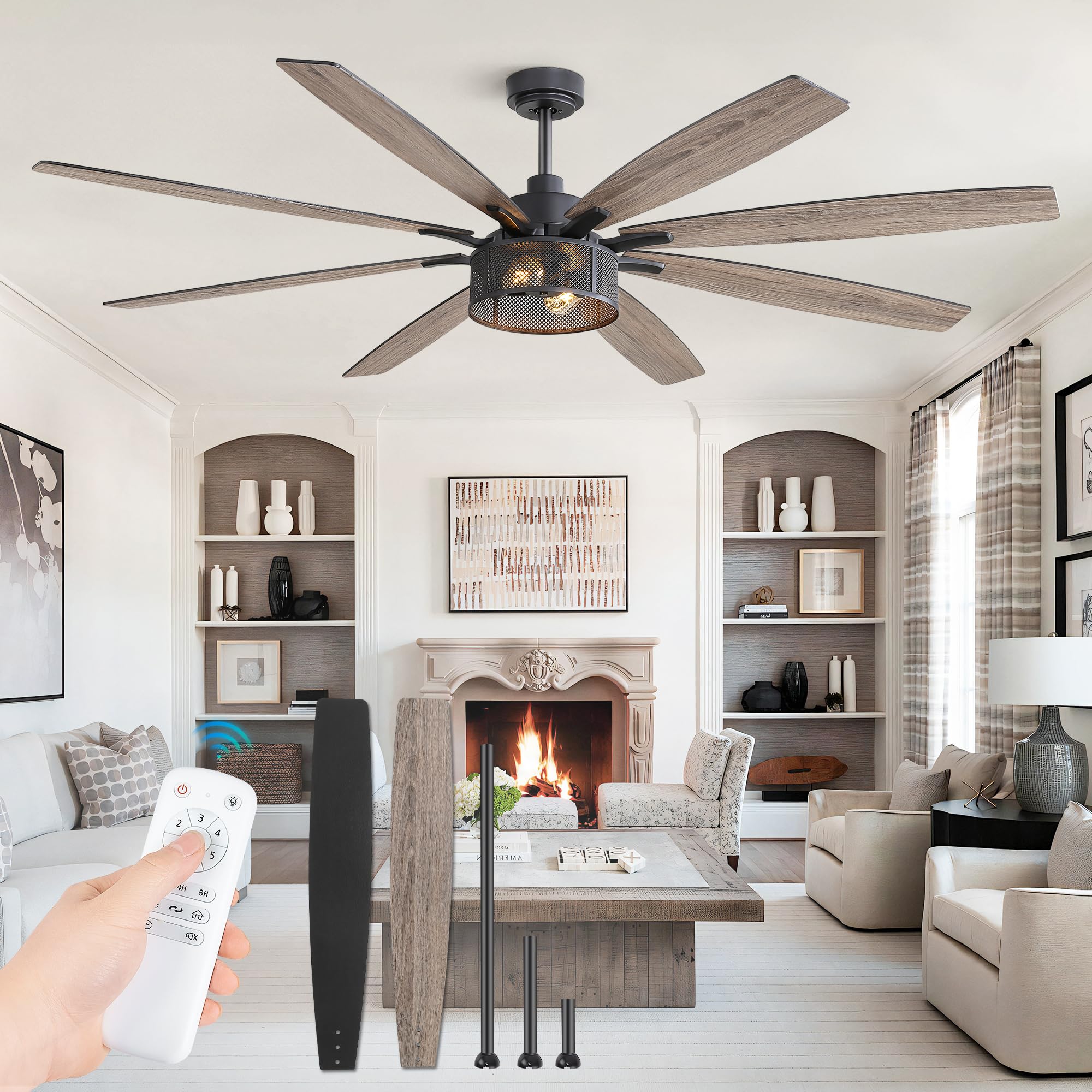 Photo 1 of ***FOR PARTS ONLY*** Farmhouse Ceiling Fans with Lights and Remote, 72 Inch Grey Industrial Caged Ceiling Fans for Bedroom Living Room Kitchen, 6 Speed Reversible Quiet DC Motor, Dual Finish 8 Blades