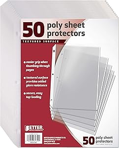 50 Count Textured Sheet Protectors by Better Office Products, 8.5 x 11", Textured for Added Anti Glare, Extra Privacy, and Easier Handling, Top Load, 50 Pack