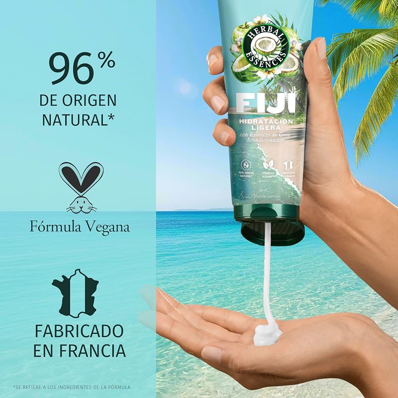 Champô Fiji 350ml, amaciador 250ml e Magic Serum sem enxaguamento 95ml de hidratação leve. Com extrato de coco. Para cabelo macio e sedoso